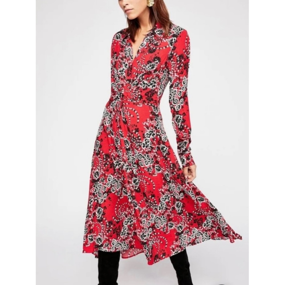 Free People Tough Love Shirtdress Red and Black Floral-print size 2